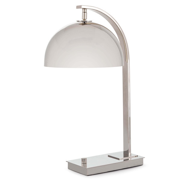 angled adjustable metal desk lamp in a polished nickel finish